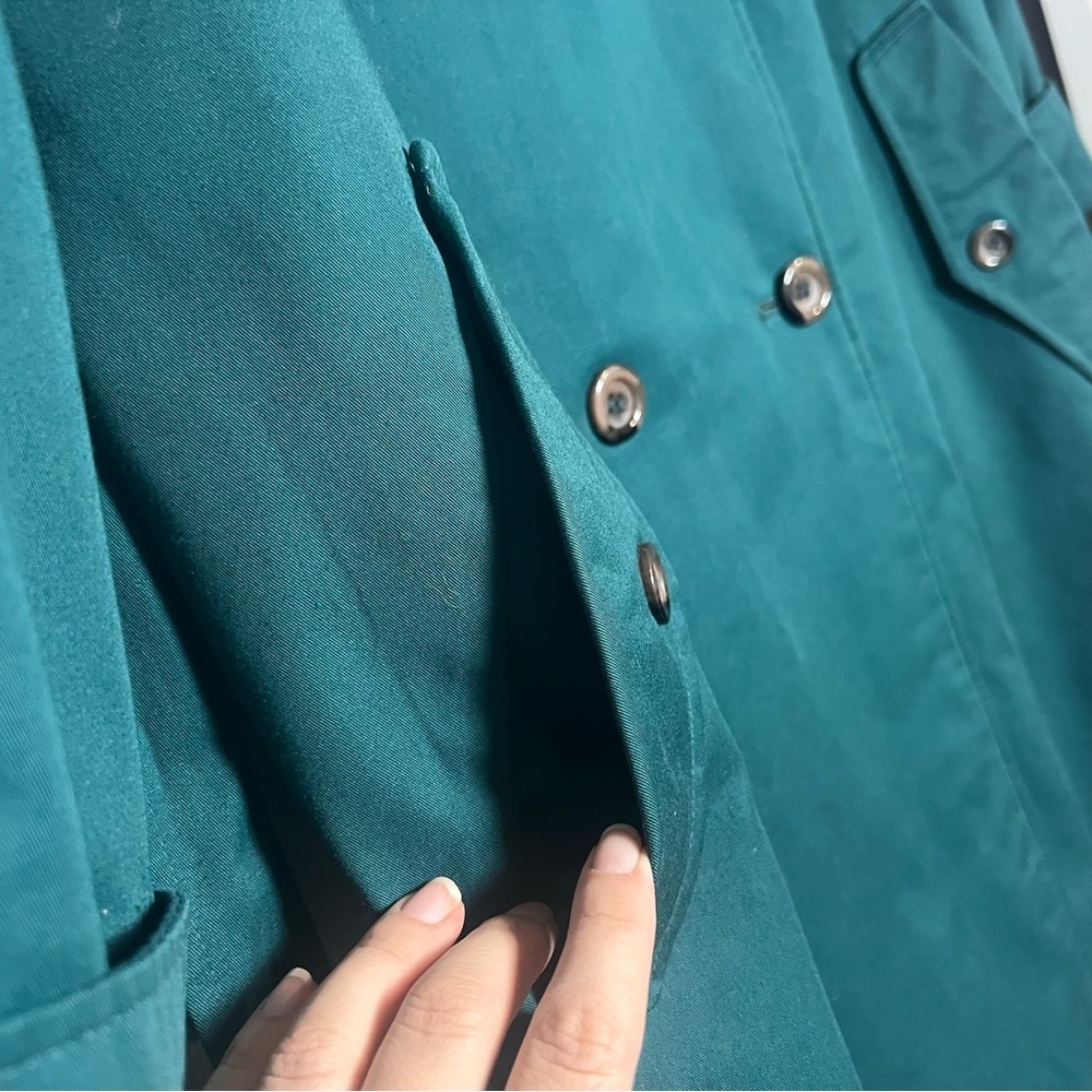 Vintage Double Breasted Trench Coat Womens Teal Green Size 12 Lined Long Belted - Picture 9 of 15